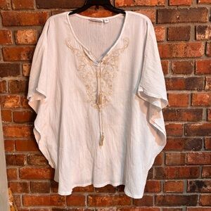 D & Co. womens gauzy embroidered tassel kaftan tunic top white XL